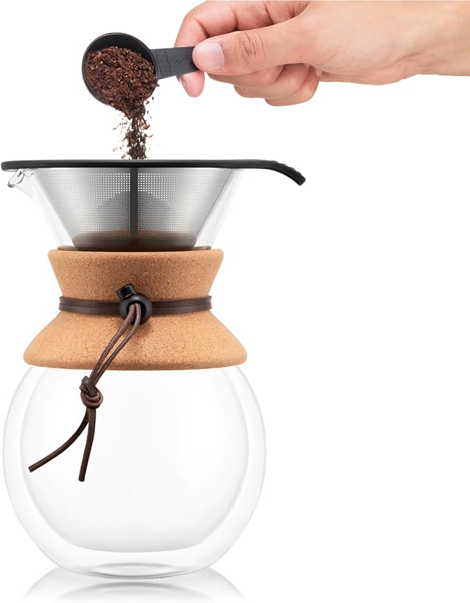 Bodum 34oz Pour Over Coffee Maker, High-Heat Borosilicate Glass with Reusable Stainless Steel Filter and Double Wall Cork Grip - Made in Portugal