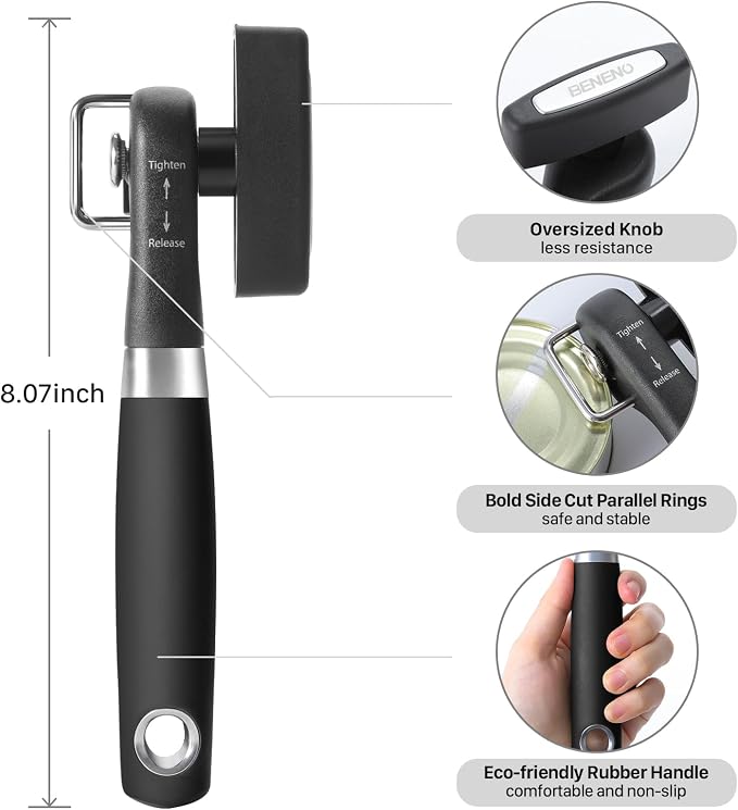 Beneno Can Opener, Manual Side Safe Cut Can Opener Smooth Edge, Black | Durable Sharp DC53 Steel Cutting Blade, Clean Cut with no Sharp Can Edges, Big Effort-Saving Knob, Comfortable Non-Slip Grip