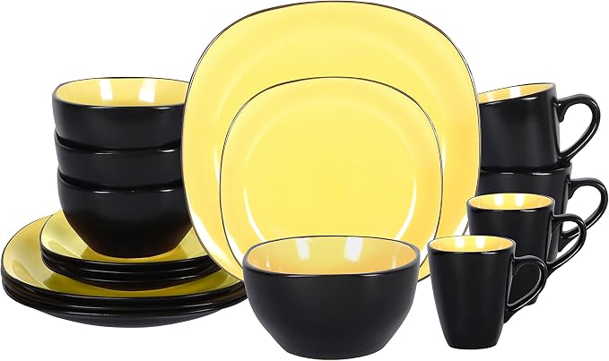 Stoneware Square 16pc Dinnerware Set, Inside Shiny Yellow + Outside Matte Black