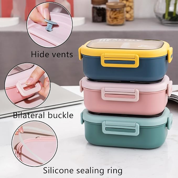 Lille Home 28oz Stainless Steel Leakproof 2-Compartment Bento Lunch Box/Portion Control Food Container with Lunch Bag and Cutlery Set, BPA Free | Portion Control Metal Lunch Box Food Container with Lunch Bag and Cutlery Set, BPA Free (Green)