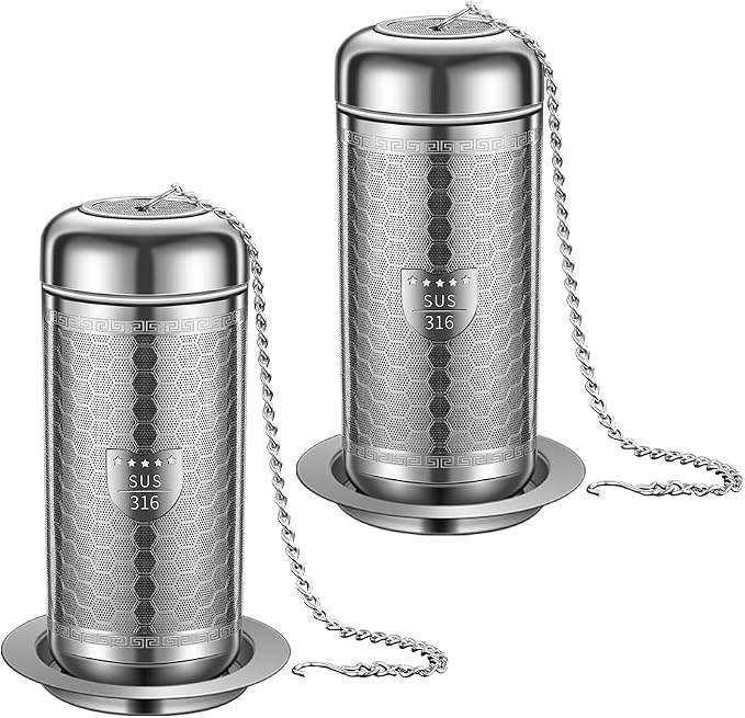 2 Pack Tea Infuser with Drip Tray, Extra Fine Mesh Tea Infusers for Loose Tea, 316 Stainless Steel Tea Strainer with Extended Chain Hook, Tea Steeper (2 Pack - Large)