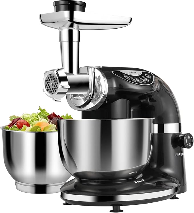 Stand Mixer, 8.5QT+ 6QT Two Stainless Steel Bowls Electric Food Mixer Black | 7 in 1 Multifunctional Kitchen Mixer with Dough Hook, Whisk, Beater, Meat Grinder,Pasta & Cookie Maker