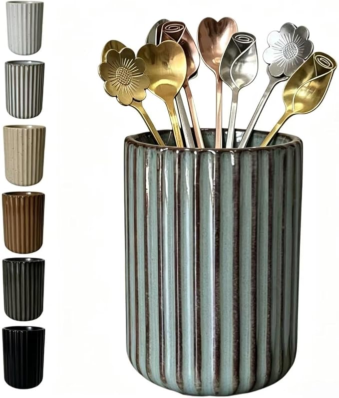TOPYOKK Stoneware Coffee Bar Utensil Holder Tea & Coffee Spoon & Stirrer Holder for Stir Stick Straw Teaspoon Holder Espresso Spoon Cup Small Utensil Jar Fluted Vertical Stripe (Concrete Grey)