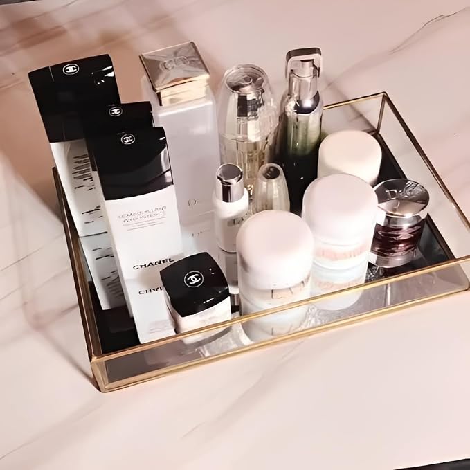 Sooyee Gold Rectangle Mirror Tray, Metal and Glass Fragrance Tray, 12"x8" | Decorative Tray, Can Hold Perfume, Jewelry, Cosmetics, Makeup, Magazine and More, For Vanity, Dresser, Bathroom, Bedroom