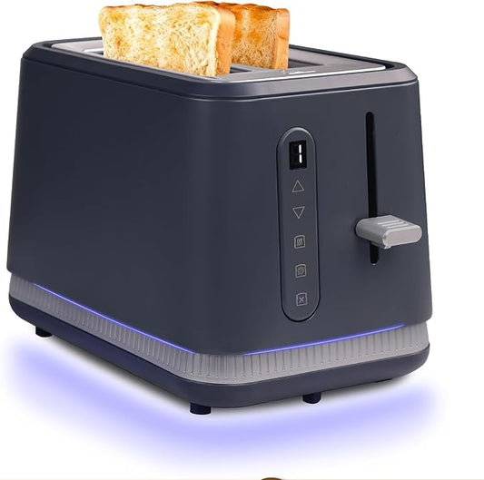 Stainless Steel Toaster 2 Slices, Toasters Wide Slot, Bread Toaster with Cancel, Reheat, Defrost Function, Bagel Toasters with Removable Tray & 6 Temperature Settings, LED Display, Grey