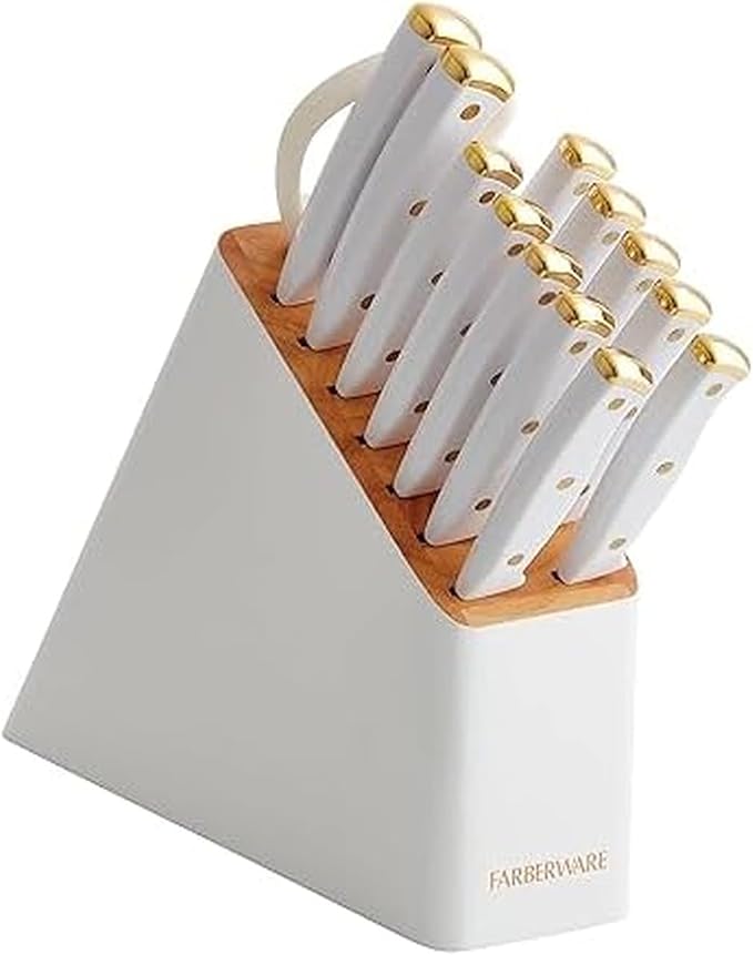 Farberware 15-Piece Knife Block Set, High-Carbon Stainless Steel Kitchen Knife Set with Triple Rivet Gold Endcap Handles and Slim Wood Block, White