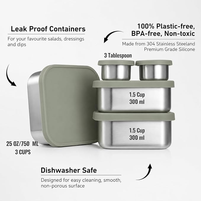 Flexibento - Leak proof Stainless Steel Lunch Box,Lunch Containers with Lids,Steel Bento Box,Metal lunch Box,1 * 25 OZ+ 2 * 13 OZ + 2 * 2 OZ,Set Of 5,Sage Set of 5