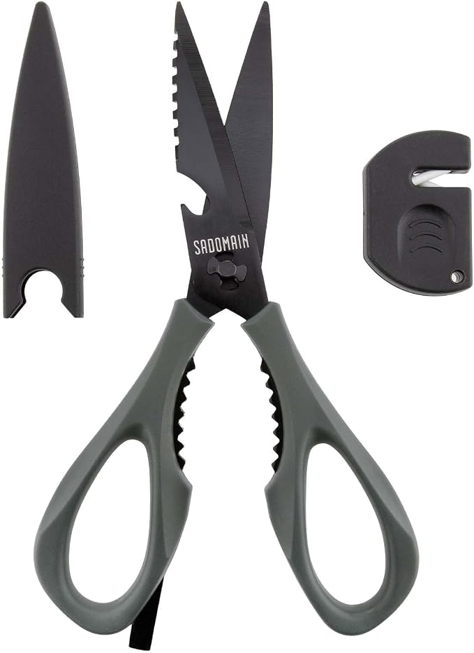 Kitchen Scissors All Purpose, Extra Sharp Kitchen Shears with Knife Sharpener & Sheath, Solid & Durable Stainless Steel Scissors with ANTI-RUST Black Titanium Plated, Dishwasher Safe – Grey