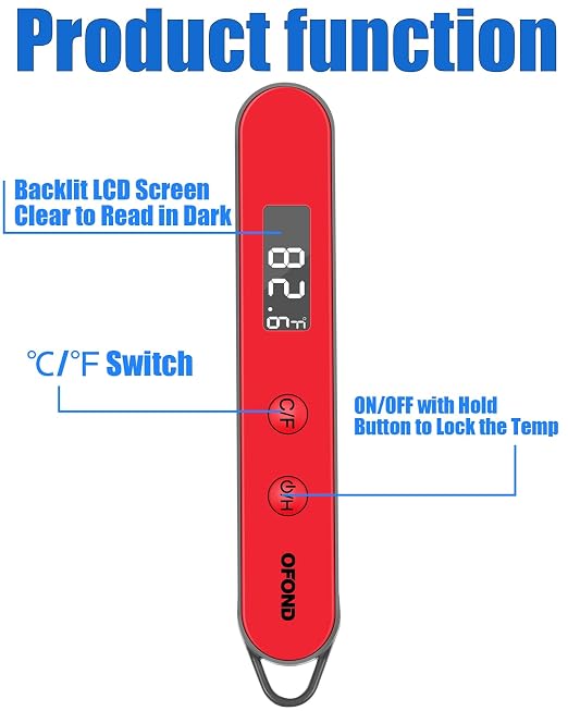 Instand Read Digital Food Thermometer for Grill Meat BBQ Steak | Fast Response Battery Powered Foldable probe ,Large Backlit LCD Screen,Magnetic with Hook, Kitchen Cooking Must-have