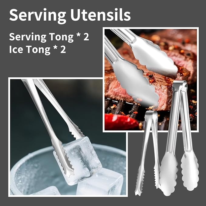 12 Piece Serving Utensils, Amafox Stainless Steel Serving Utensils Set Include Large Spoons, Slotted Spoons, Ktichen Tongs, Ice Tongs for Party Buffet Catering Banquet (Silver)