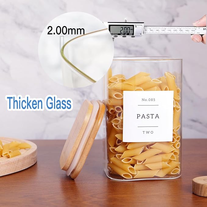 CZZGSM 6 Pack Square Kitchen Storage Jars with Airtight Bamboo Lids and 132 Pantry Labels - 35oz Glass Canisters With Wood Lids - Food Storage Containers for Coffee, Cookie, Tea, Spice