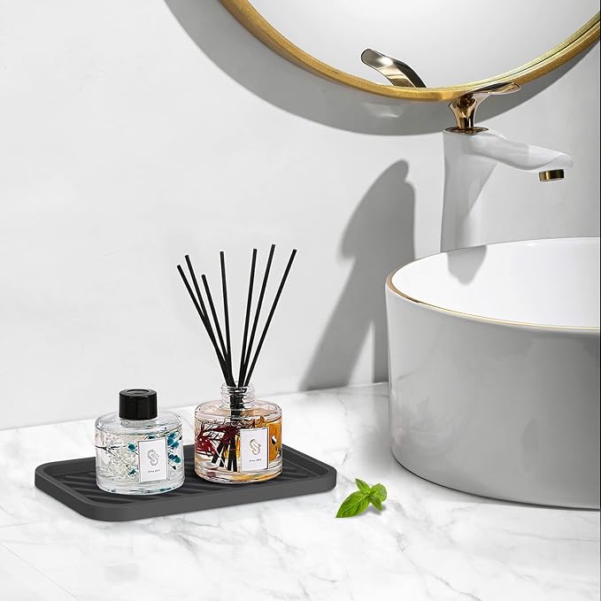 Kitchen Sink Organizer Tray,Sponge Holder for Kitchen Sink Bathroom（Black） | Counter Tray Sponge Caddy Silicone Soap Holder for Soap Dispenser, Bottle, Dishwashing Accessories(2-Pack)
