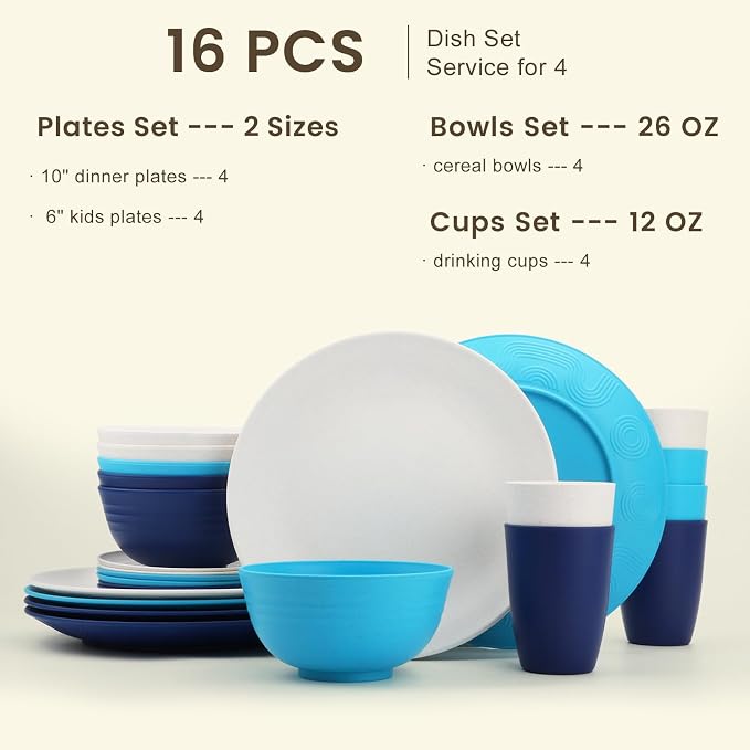 Premium Wheat Straw Dinnerware Sets, Plates and Bowls Sets,Cups,Alternative to Plastic Plates Service for 4, Dishwasher and Microwave Safe 16 PCS Dish Sets for Home,Camping - Island