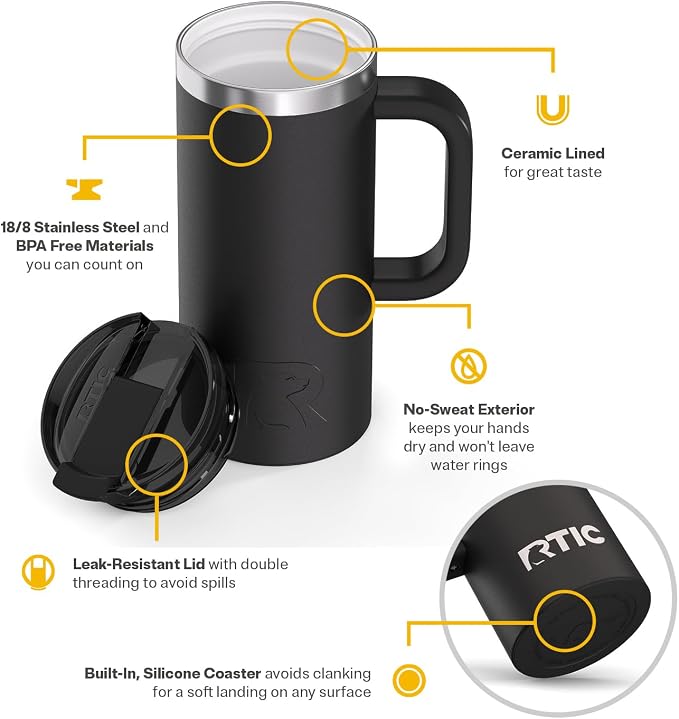 RTIC 16oz Road Trip Travel Mug with Lid and Handle, Ceramic Lined, Black | Stainless Steel Metal, Insulated Travel Cup for Hot and Cold Drinks, Coffee, Car, Camping and Travel