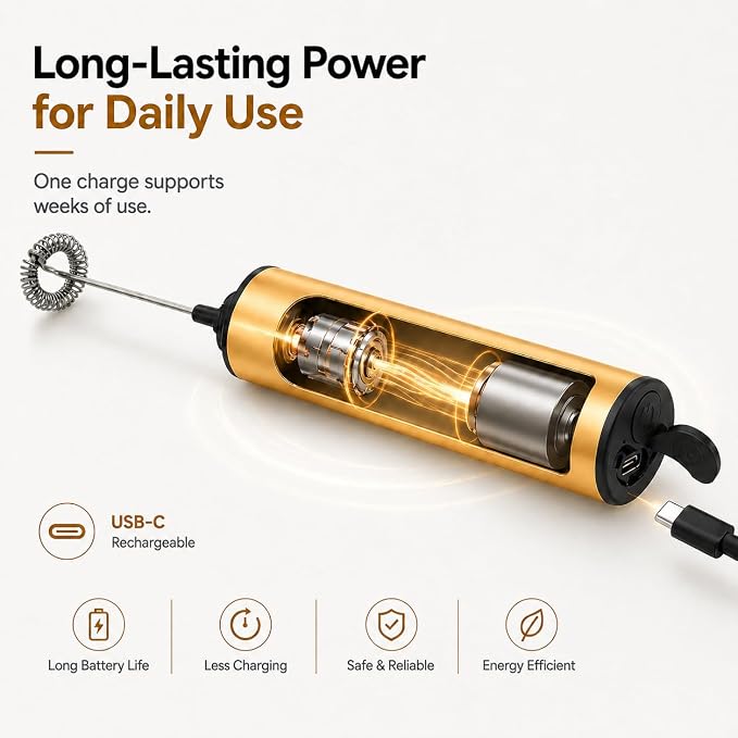 Rechargeable Milk Frother with Stand, Electric Whisks Foam Maker, POWERFUL USB C 2 Speed Handheld Drink Mixer for Coffee, Latte, Cappuccino, Matcha Drinks,Golden