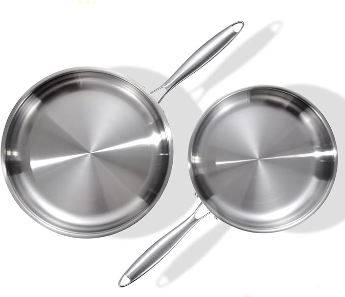 DELARLO Tri-Ply Stainless Steel Pan,18/10, 10",12" | Nontoxic Durable Oven Safe 800℉ All Cooktops Compatible Fast Even Heat PFOA Free Large Frying Pan Nontoxic Cookware