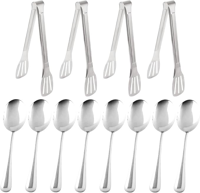 12PCS Silver Serving Utensils Set,Includes 8 large serving spoons,4 serving tongs