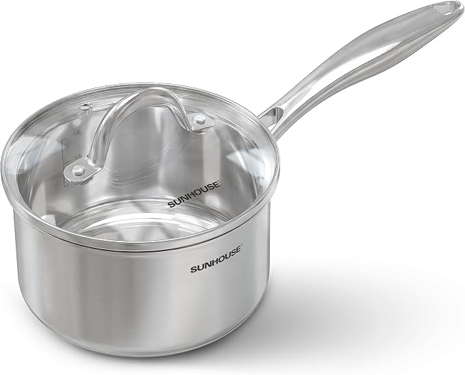 SUNHOUSE 2 QT Sauce Pan with Lid, Full Clad 3-Ply Stainless Steel Saucepan | Small Cooking Pot & Milk Pan - Induction Compatible - PFOA Free, Oven & Dishwasher Safe, Stay-Cool Handle