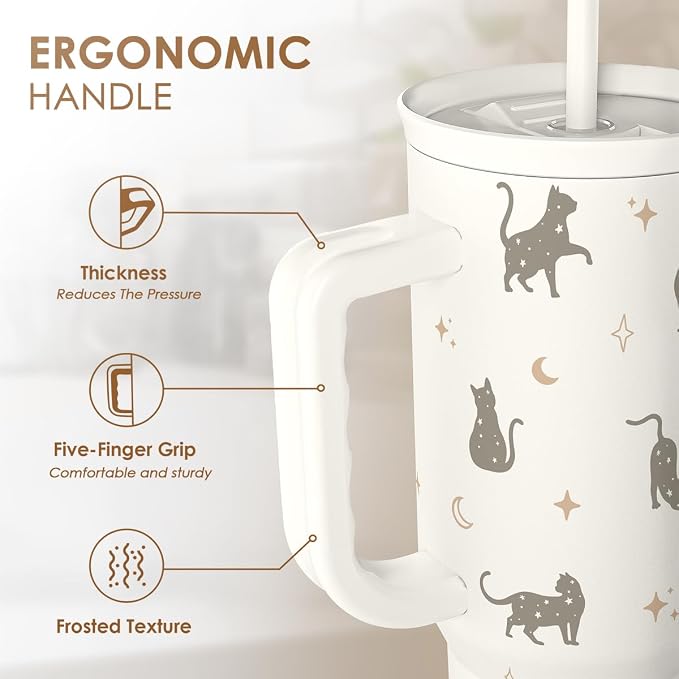 Gift for Cat Lovers Cat Mom – 40oz Stainless Steel Tumbler with Handle and Straw - Travel Coffee Mug for Women, Gift for Birthday, Christmas