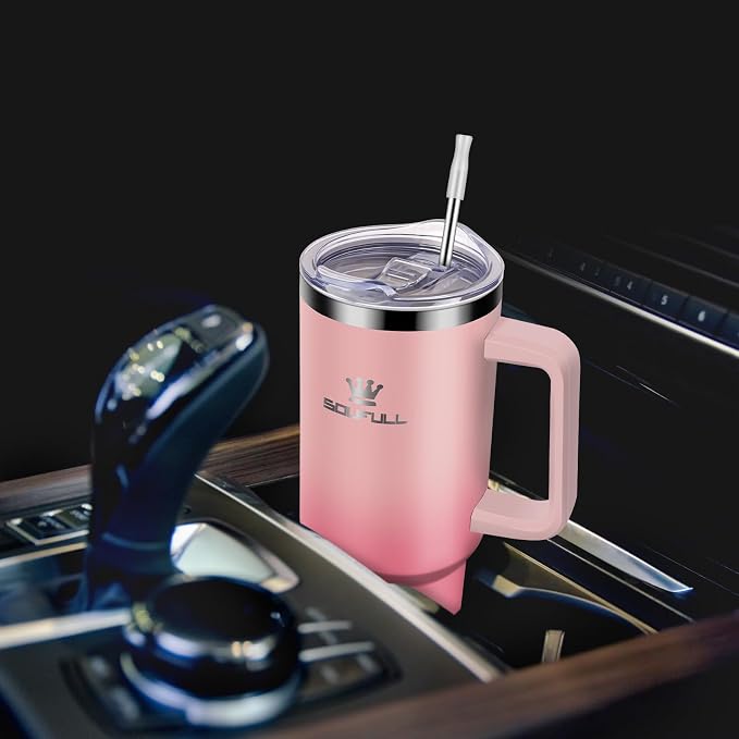 Soufull 40 oz Tumbler with Handle and Straw Lid, 100% Leak-proof, PinkRed | Stainless Steel Insulated Travel Coffee Cup, Keeps Cold 34Hrs or Hot 10Hrs, Dishwasher Safe