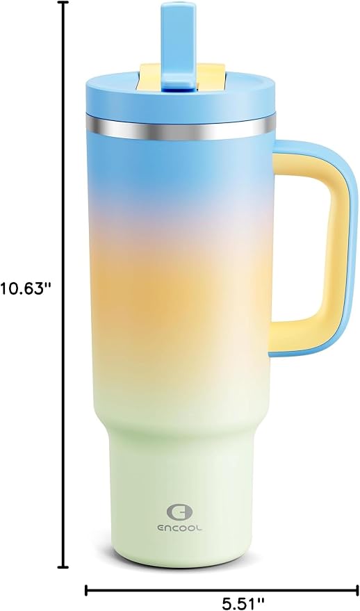 ENCOOL 40 oz Tumbler with Handle and Straw: Stainless Steel Insulated Tumbler Keeps Cold for 24 Hours, Leakproof Travel Cup Fits in Cup Holder and BPA-Free, Sunny Breeze