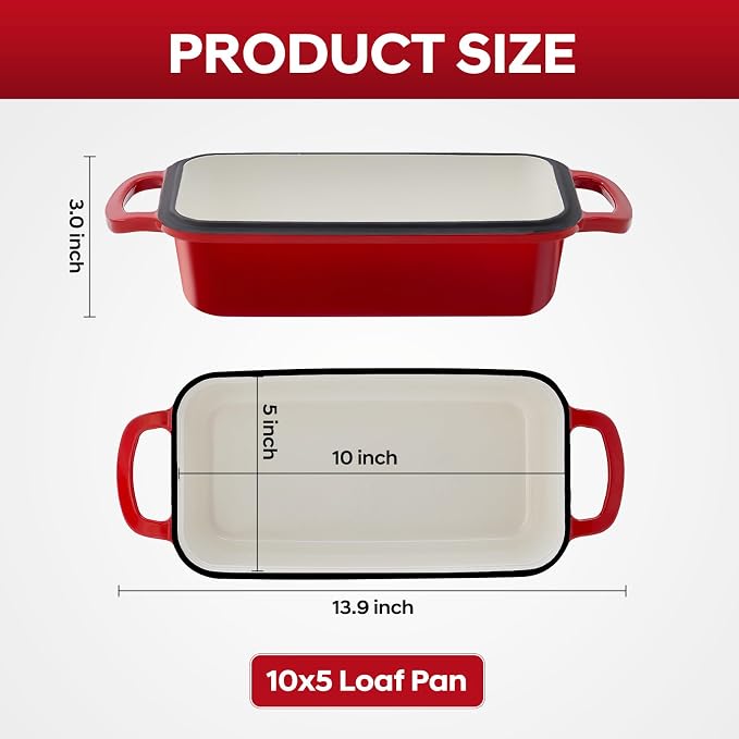 Cast Iron Loaf Pan with Lid 10x5 Inch Enameled Bread Loaf Pan for Sourdough, 2 Piece Set, Red