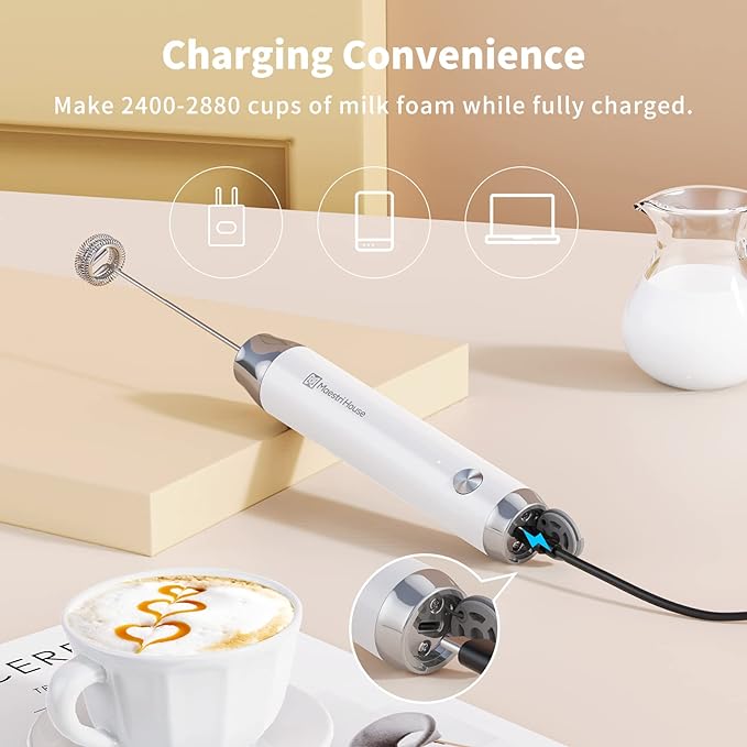Maestri House Rechargeable Milk Frother,Stand & 3 Detachable Whisks | Lunafro Plus 8000RPM Turbo Motor, 1200mAh lithium battery, Handheld Milk Frother for, Cappuccino, Matcha & Protein Powder