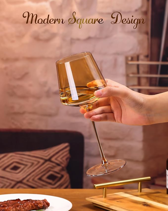 Physkoa Amber Colored Wine Glasses Set 6-16oz Stemmed Modern Amber Wine Glasses With Tall Long Stem and Flat Bottom,Light Brown Glassware for Home Decor