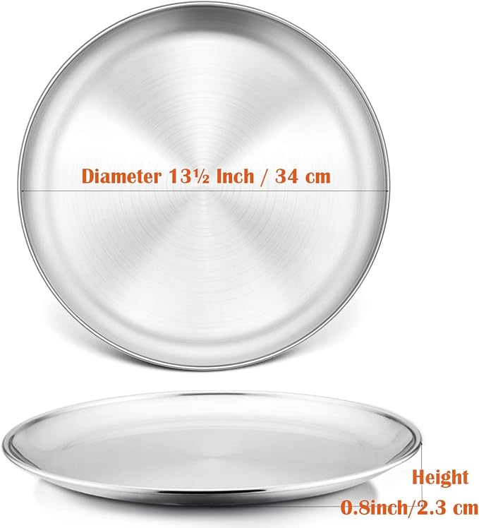 P&P CHEF Pizza Pan Set of 2, 13.5 Inch Stainless Steel Pizza Tray, Silver | 2 Pieces Round Pizzas Plate for Pie Cookie Cake, Good For Baking Cooking Roasting, Non Toxic & Heavy Duty, Dishwasher Safe