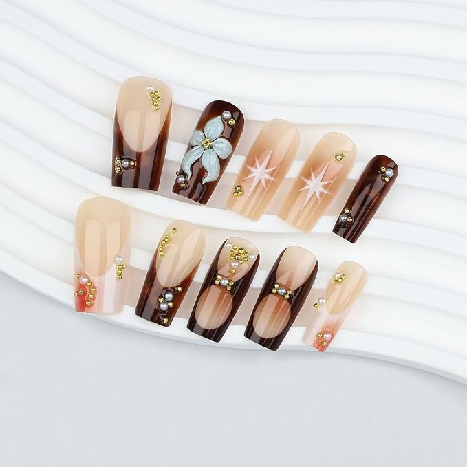 WLGDLH Brown French Tip Press on Nails Medium Square Fake Nails Press ons Nail Tips Kit with Flower Leopard Print Design Nude Glossy False Nails Full Cover 3D Gold Beads Glue on Nail for Women 24Pcs