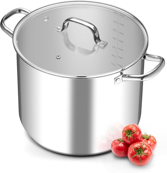 Leonyo 24 Quart Large Stock Pot with Lid, 18/10 Stainless Steel Stockpot | 3-Ply Bottom for All Stoves, Heavy-Duty & Food Grade Cookware