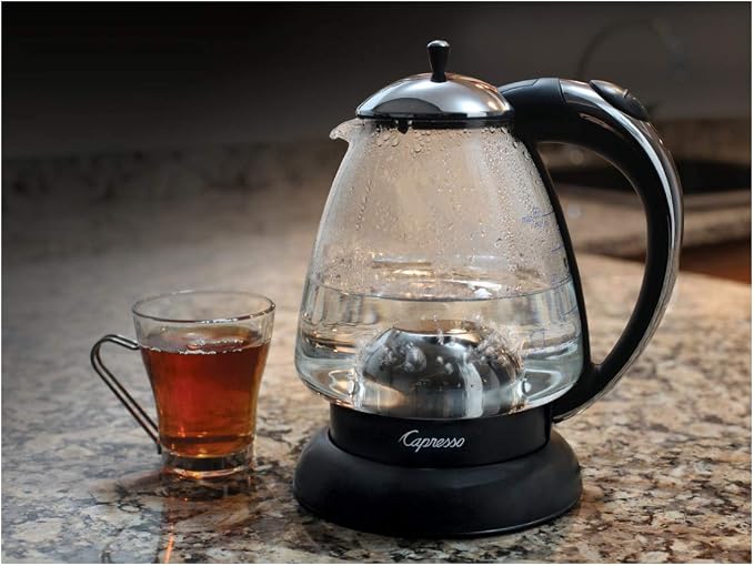 Capresso 259 Water Kettle, 10" x 8.25" x 6.25", Polished Chrome | Heat-resistant glass, ounce and cup markings, concealed element, automatic shutoff
