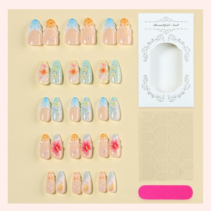 3D Handmade Hibiscus Flower Press on Nails Long Stiletto Fake Nails Summer Hawaii Beach False Nail with Rhinestones Designs Ocean Wave Seashell Full Cover Stick on Nail for Women Manicure 30Pcs