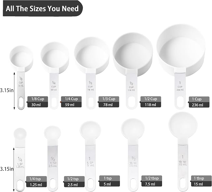 Measuring Cups and Spoons Set of Huygens Kitchen Gadgets 10 Pieces, Stackable Stainless Steel Handle Measuring Cups for Measuring Dry and Liquid Ingredient (White)