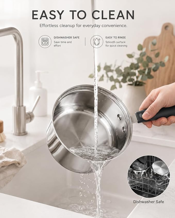 Cook N Home Professional 1 Quart Stainless Steel Saucepan with Lid, Small Kitchen Induction Cooking Sauce Pot Pan, Stay-Cool Silicone Handle, Dishwasher Safe