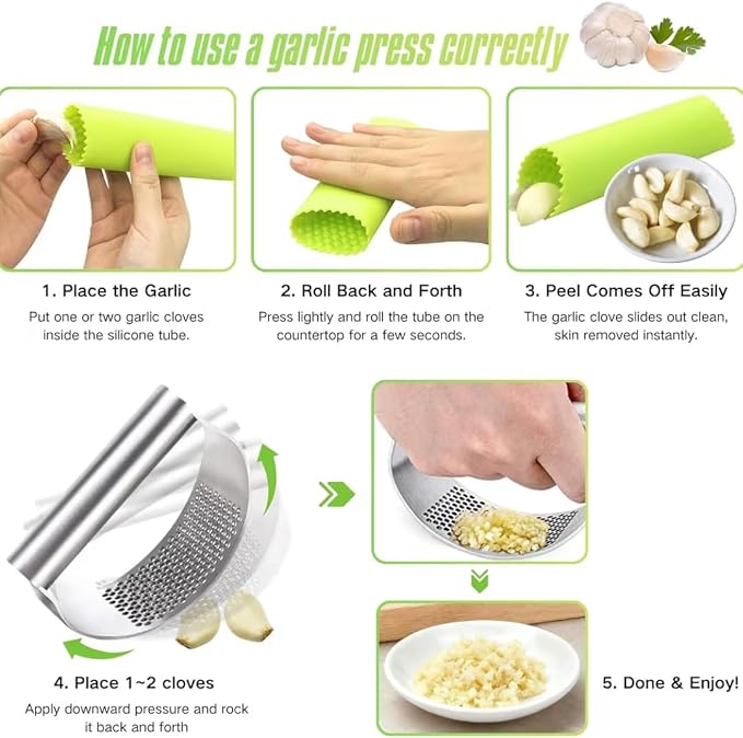 Garlic Press Rocker, Stainless Steel Garlic Mincer and Heavy Duty Stainless Steel Garlic Press Garlic Crusher,mincer tool Easy-Squeeze Garlic Tool with Peeler Cleaning Brush for Smashing Garlic