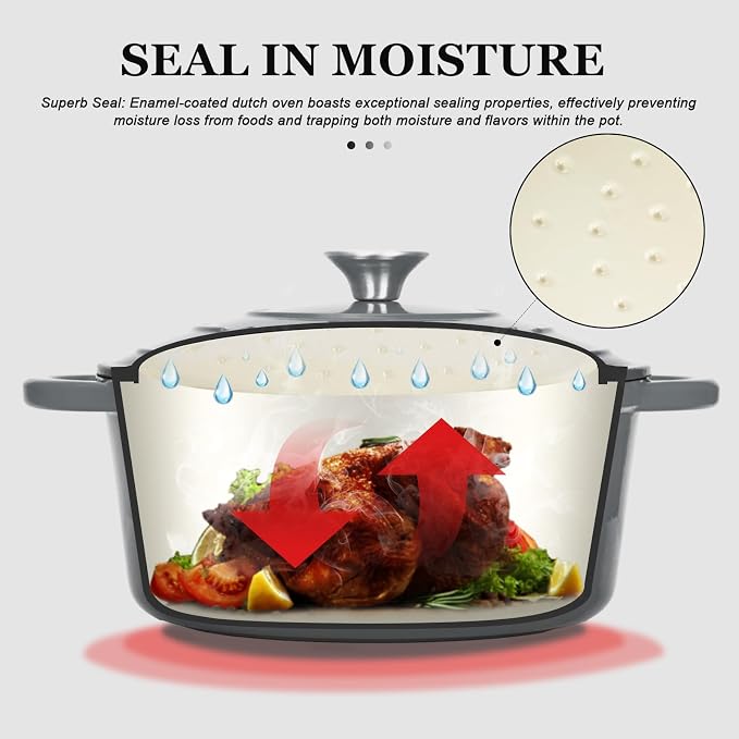 Overmont Enameled Cast Iron Dutch Oven - 4.5QT Pot with Lid Cookbook & Cotton Potholders - Heavy-Duty Cookware for Braising, Stews, Roasting, Sourdough Baking grey