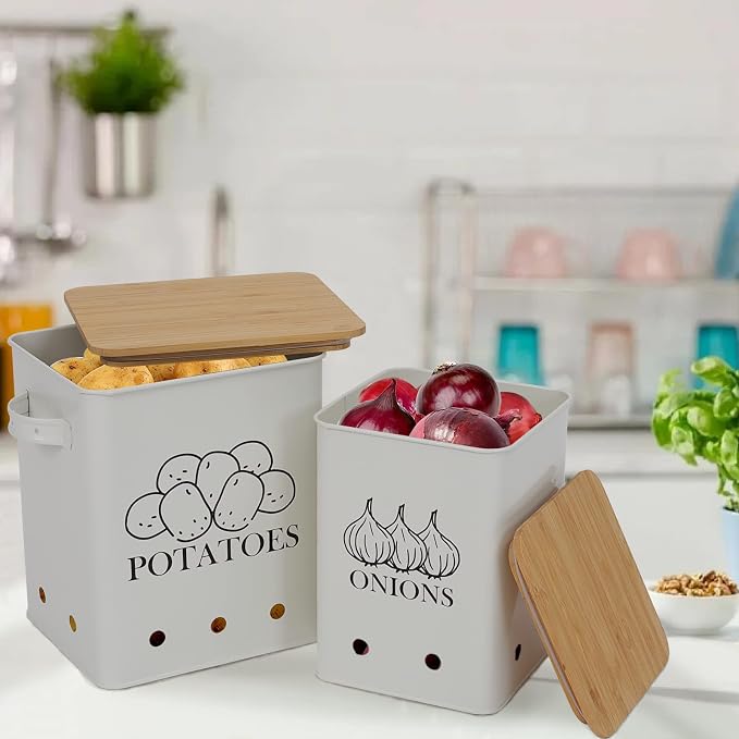 Kitchen Vegetable Storage Tins Set of 2, Onion and Potato Storage Bins with Wooden Lid and Aerating Holes, Garlic Bin Caddy, Vintage Kitchen Decor, White