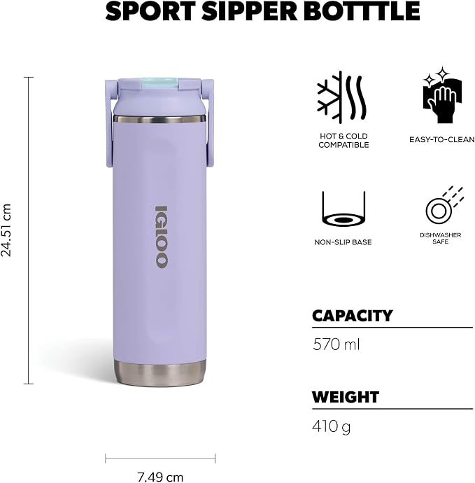 Igloo, 20 oz Sports Sipper, Reusable Travel Mug, Stainless Steel Insulated Hydration Cup for Hot & Cold Beverages, Lilac