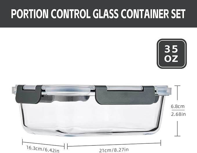 6-Pack 35oz Glass Food Storage Containers with Lids, Airtight BPA-Free Leakproof Meal Prep Containers, Microwave, Oven, Freezer & Dishwasher Safe Lunch Boxes for Home & Office