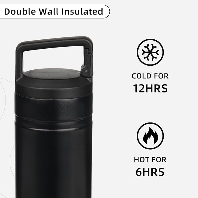 BJPKPK 20 oz Insulated Travel Water Bottle, Coffee Tumbler Stainless Steel | Double Wall Vacuum, Leakproof, Thermal, Keeps Hot/Cold, BPA Free, Dishwasher Safe, Spill Proof, Wide Mouth, 2 Lids, Black