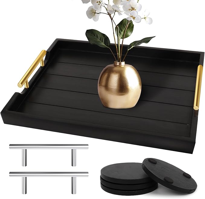 SXNOWS Wood Serving Tray with 2 Sets of Handles,Black | Rectangle 16.5x13 Inch Ottoman Decorative Tray Platter for Coffee Table Living Room Bar Home Decor, 4 Coasters Included