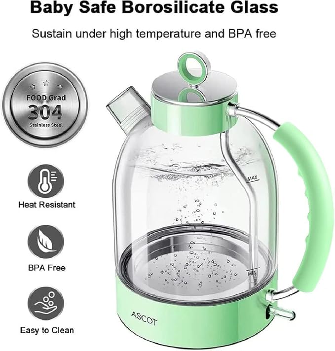 ASCOT Electric Kettle, Glass Electric Tea Kettle Gifts for Men/Women/Family 1.5L 1500W Borosilicate Glass Tea Heater, with Auto Shut-Off and Boil-Dry Protection (Green)