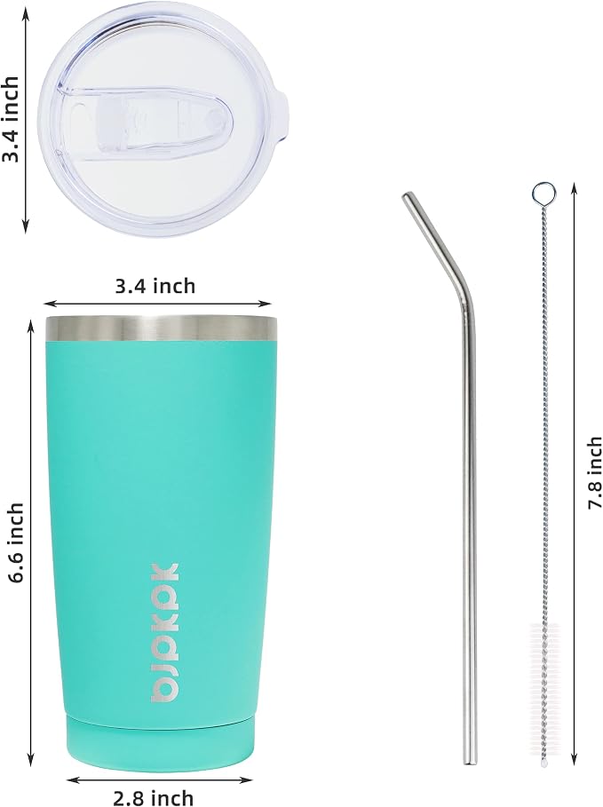 BJPKPK 20 oz Coffee Tumbler with Lid, Straw, Insulated Stainless Steel Mug | Double Wall Vacuum, Keeps Hot/Cold, BPA Free, Leak Proof, Iced Coffee Cup Fit Car Holder, Travel & Beach Ready, Turquoise