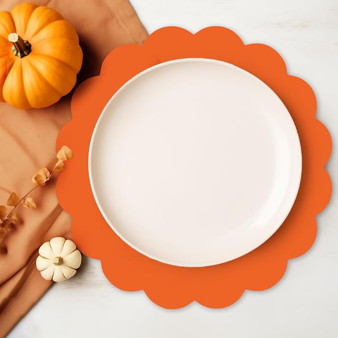 50 Pcs Orange Paper Placemats, 13.5 Inch Disposable Scalloped Placemat Decorative Placemats for Birthday Wedding Baby Shower Banquet Tea Party