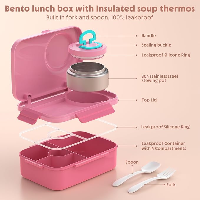 Upgraded Kids Lunch Box with Thermo for Hot Food 1400ml Child Bento Box for Kids with 5oz Small Thermo for Boys Girls with Fork Spoon Leakproof for Dining Out School Work Picnic-Pink