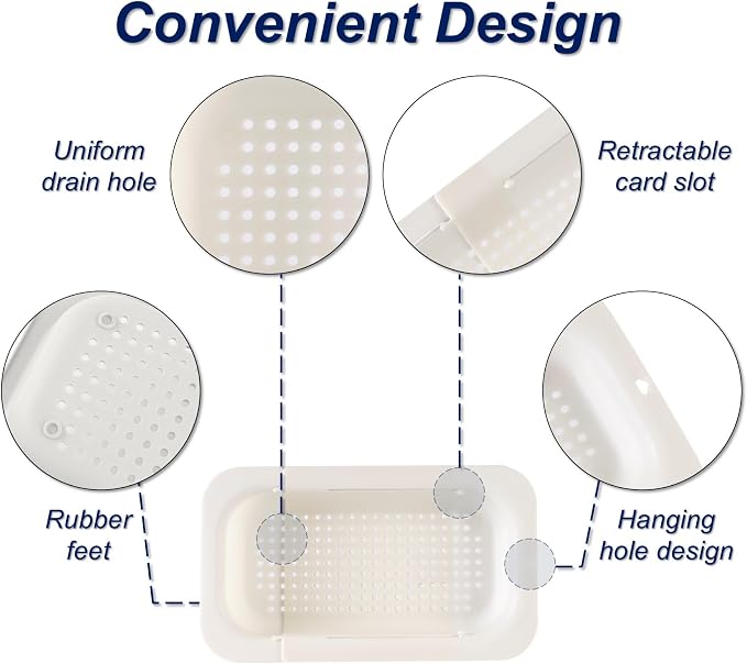 Extendable Sink Colander Strainer Basket - Wash Vegetables and Fruits, Drain Cooked Pasta and Dry Dishes - Adjustable Over the Sink Colander Collapsible Drainer Basket - White