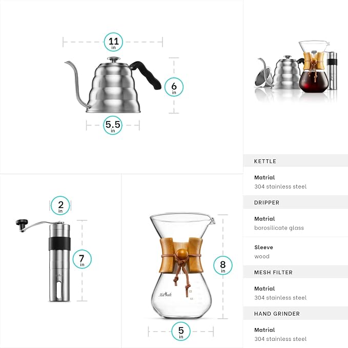 Pour Over Coffee Maker Set | Kit Includes 40 OZ Gooseneck Kettle with Thermometer, Coffee Mill Grinder & 20 OZ Coffee Dripper Brewer | Great Replacement for Coffee Machines