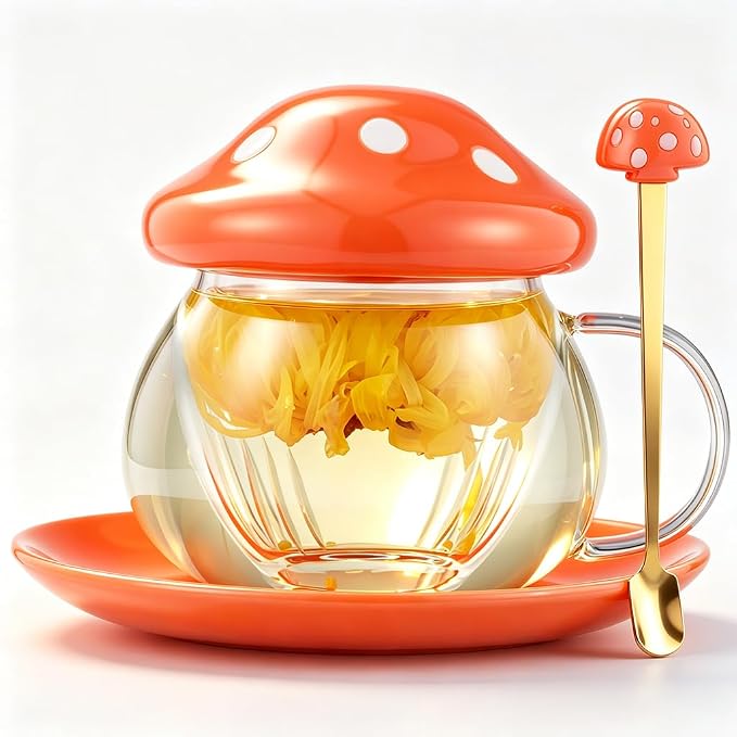 Mushroom Tea Cup Set, Cute Glass Tea Cups and Saucers, Kawaii Teacup with Infuser for Loose Leaf Tea Steeper, Coffee Mugs Birthday Gifts for Women, Tea Infuser Mug with Lid for Mother Girls (Orange)
