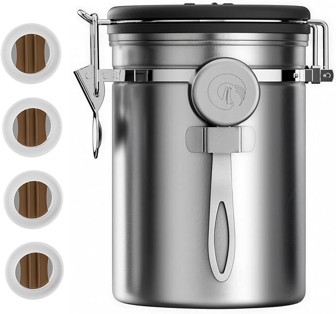Coffee Gator Coffee Canister, 22oz Airtight Stainless Steel Container | w/ Date Tracker, Scoop,Valve, Kitchen Food Storage Jars for Beans,Ground, Rice, Tea, Sugar, Cookie, Bar Accessories, Silver